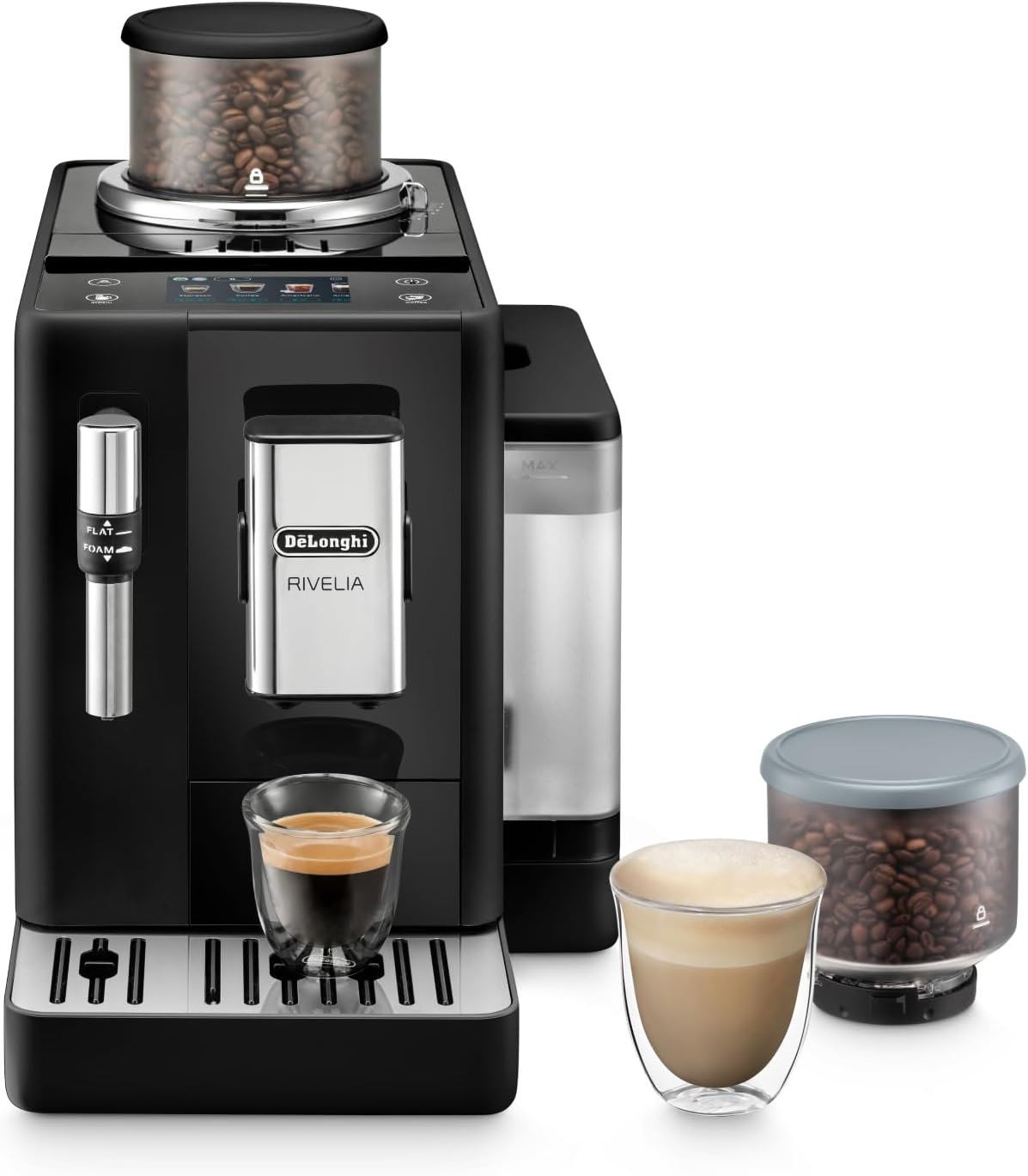 De'Longhi Rivelia EXAM440.55.W Kaffeevollautomat mit LatteCrema Milchsystem, Wechselbarer Bohnenbehälter, 16 Kaffee- & Milchgetränke auf Knopfdruck, Extra-Shot-Funktion, 3,5 Touch-Display, Weiß