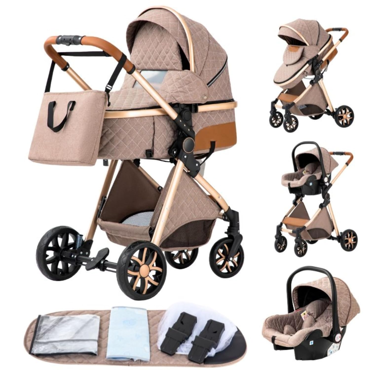 YAZOCO kinderwagen 3 in 1, Zusammenklappbar kinderwagen mit Wickeltasche,Komplettset Becherhalter,Moskitonetz, Fußabdeckung,Sitzzubehör (4 Rosa)