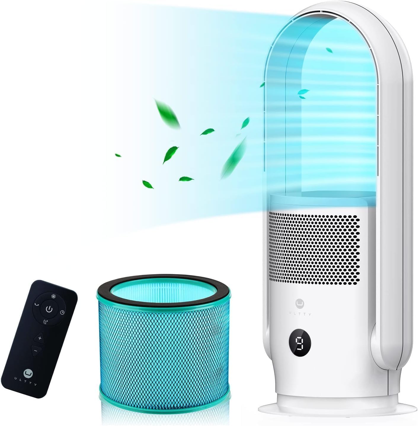 Rotorloser Ventilator mit Luftreiniger, Ultty Turmventilator Leise mit Fernbedienung, Touch, 8H Timer, HEPA-Filter 99,97%, 80cm 90° Oszillation Bladeless Fan für Schlafzimmer Heim, CR022 Weiß
