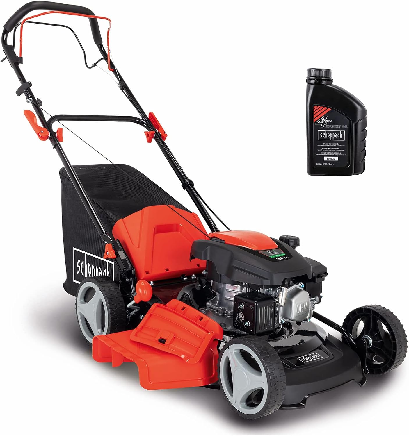 Scheppach MS161-46 Benzin Rasenmäher - 46 cm Schnittbreite | 55 Liter Fangkorb | Stahlgehäuse | 7-stufige Höhenverstellung | Mulchfunktion | Radantrieb | Seitenauswurf | inkl. Motoröl