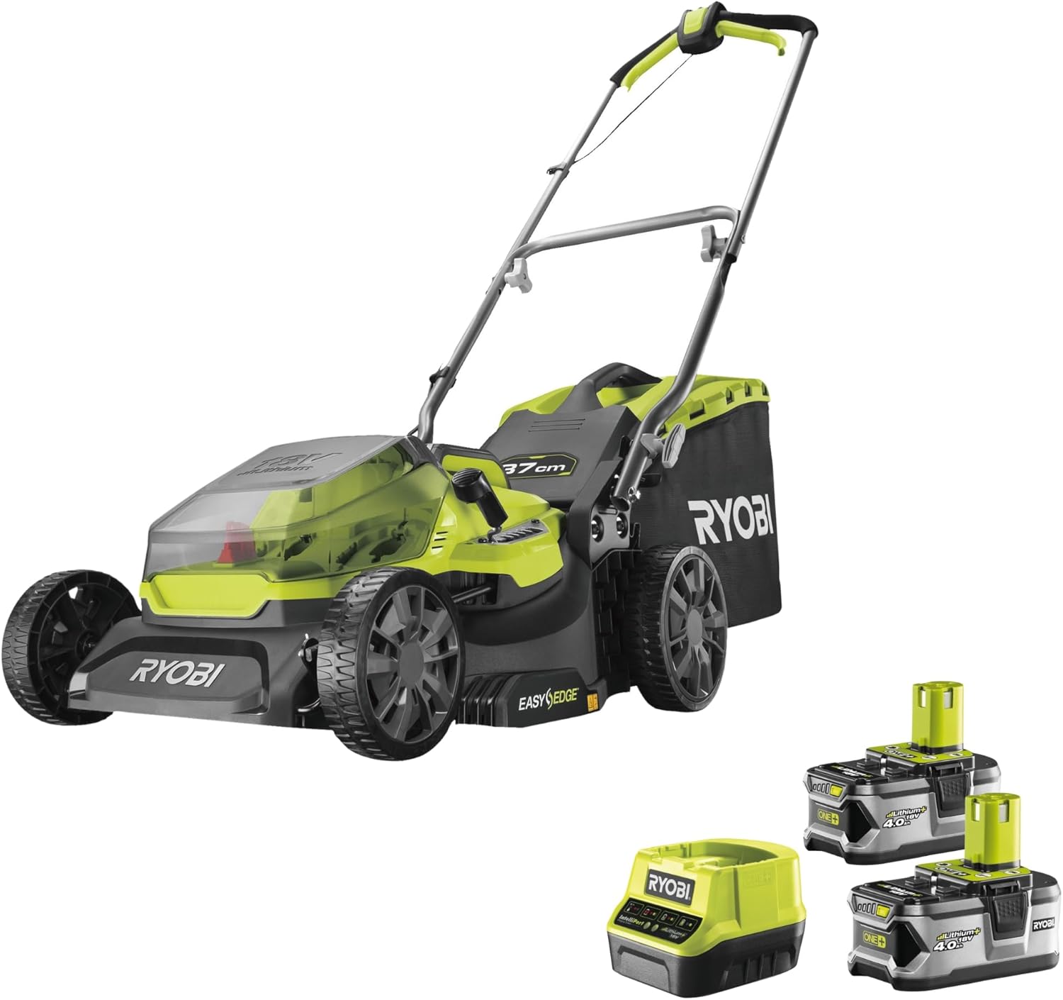 RYOBI 18 V ONE+ Akku-Rasenmäher RLM18X33B40 (Schnittbreite 33 cm, 5-fache Höhenverstellung 25-65 mm, zusammenklappbares Griffgestänge, inkl. Mulchkeil, 35l Grasfangsack, 4,0Ah Akku & Ladegerät)