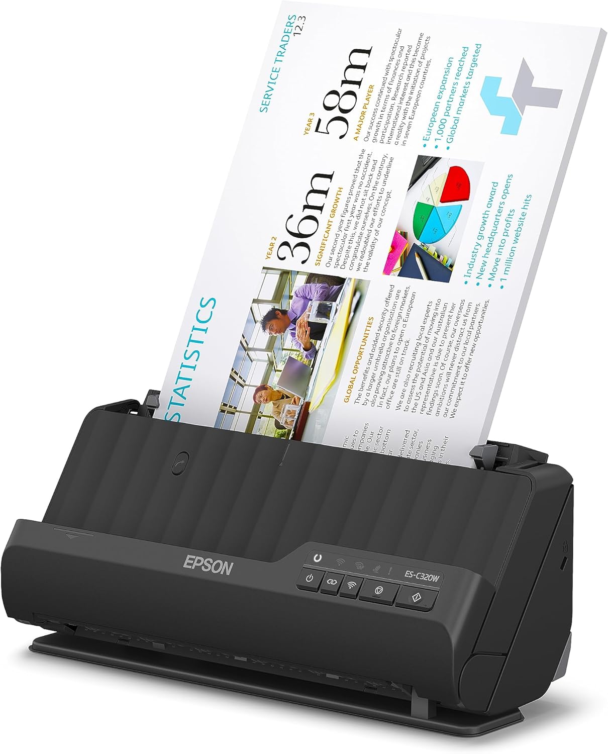 Epson Wi-Fi Scanner ES-C320W, kompakter A4 Business Scanner mit geringem Stromverbrauch, Duplex-Einzugscanner mit vielseitiger Medienverarbeitung, schwarz
