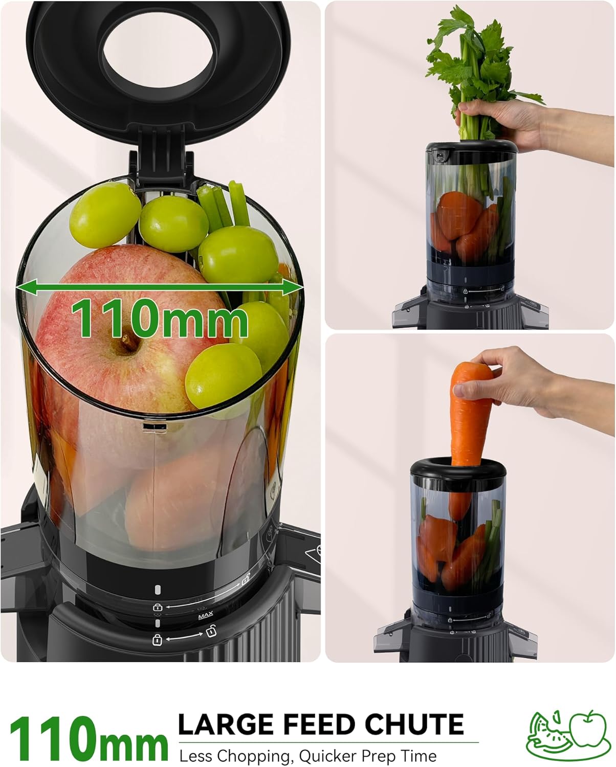ACOQOOS Entsafter, Entsafter Gemüse und Obst with 110MM Einfüllffnung, Leicht zu Reinigen Slow Juicer Machine with 2 Cups Schwarz