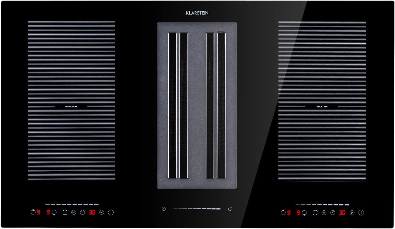 Klarstein 2-in-1 Induktionskochfeld mit Dunstabzug, Induktionskochfeld mit Abluft & Ventilator, 4-Zonen-Kochfeld, Glaskeramik-Einbauherd, Kochfeld mit Dunstabzug, Energieklasse A, 654m³/h Luftstrom