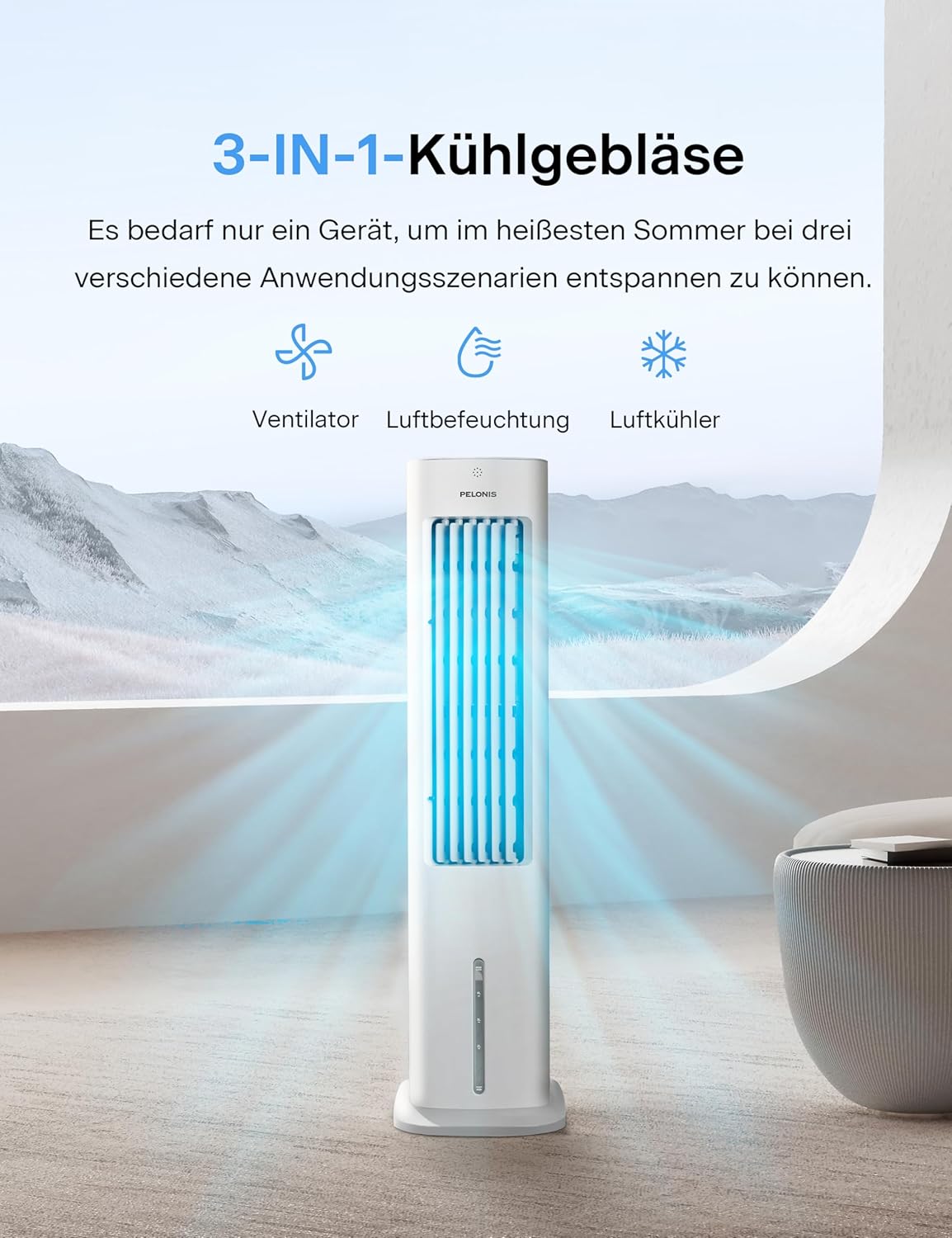 PELONIS Luftkühler mit Wasserkühlung, Klimaanlage Mobil, 5L Ventilator mit Wasserkühlung, Klimagert Luftbefeuchter mit Fernbedienung, 355m/h Klimaanlage Ohne Abluftschlauch