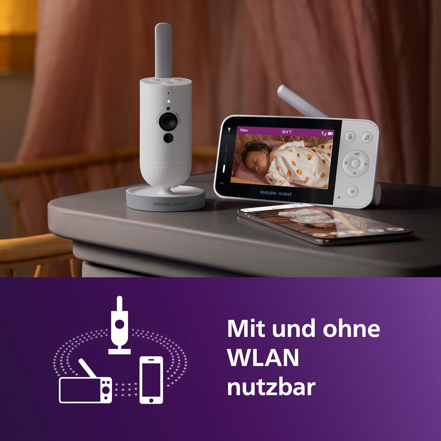 PHILIPS Avent Connected Videophone mit WLAN, hochwertiger HD-Kamera, Infrarot-Nachtsichtfunktion, Schrei-Erkennung, Gegensprechfunktion, 12 Stunden Bildschirmlaufzeit im Eco-Modus, Modell SCD951/26