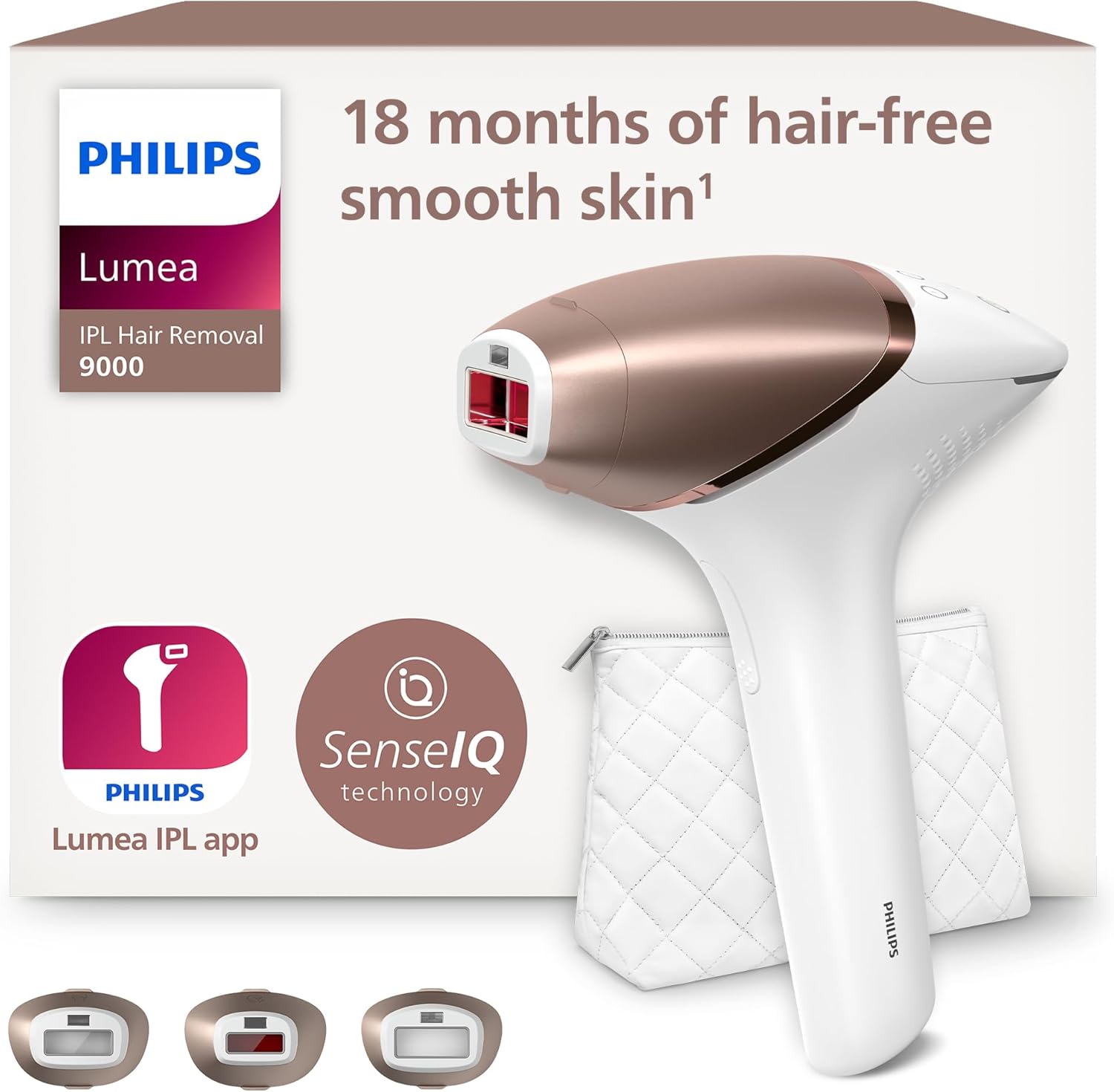Philips Lumea IPL Haarentfernungsgerät 9000 Series – Haarentfernungsgerät mit SenseIQ Technologie, 3 Aufsätze für Körper, Gesicht und Präzision, kabellos (Modell BRI955/00)