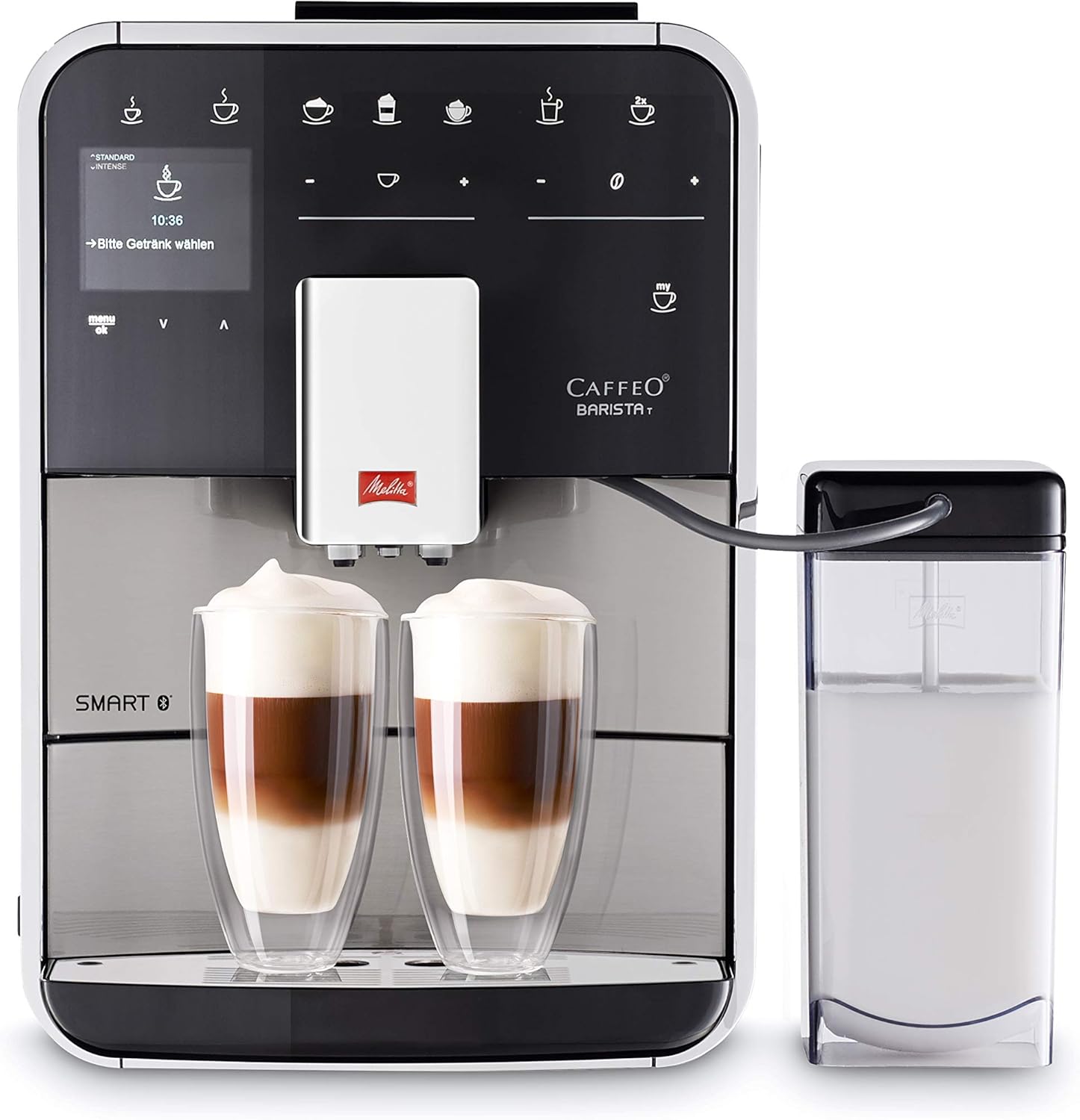 Melitta Barista T Smart - Kaffeevollautomat mit Milchsystem, Kaffeemaschine mit Mahlwerk, für z. B. Cappuccino oder Espresso, App Steuerung möglich, schwarz/silber