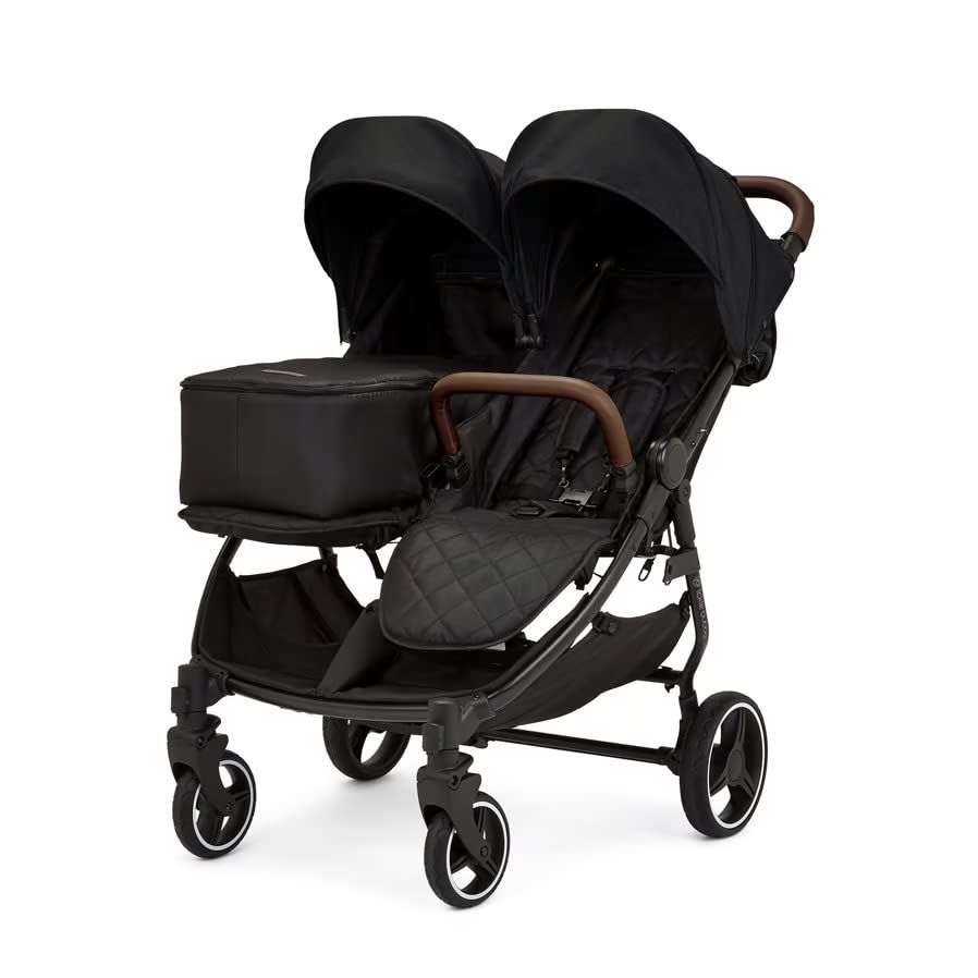 Ickle Bubba Venus Prime Doppelkinderwagen - geeignet von Geburt bis 15 kg (ca. 3 Jahre), leichter, faltbarer Zwillingskinderwagen mit Neugeborenenkokon, 2 Fußwärmern und Regenschutz (Schwarz)