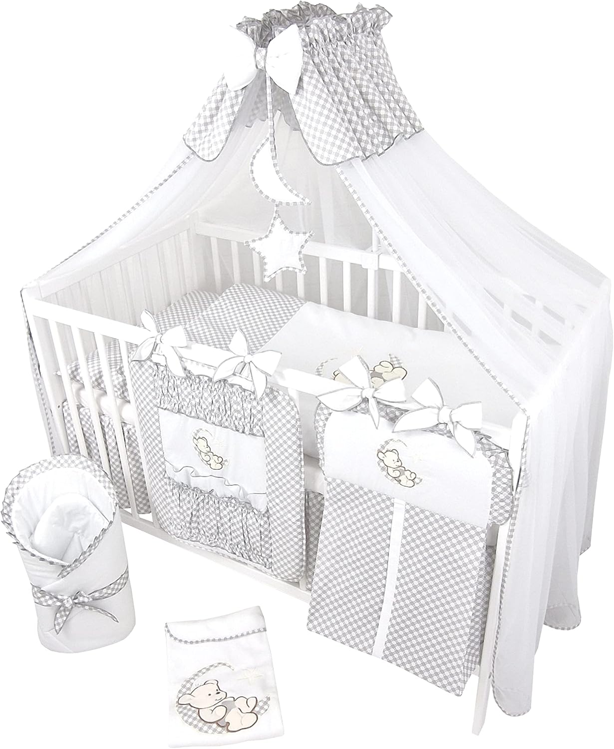 Bello24 - 16 Teiliges Babybett Kinderbett und Bettwäsche komplett Set Happy Leo inkl. Matratze höhenverstellbar für Neugeborene Babys und Kleinkinder aus Massivholz (Grau - Teddybär Mond)
