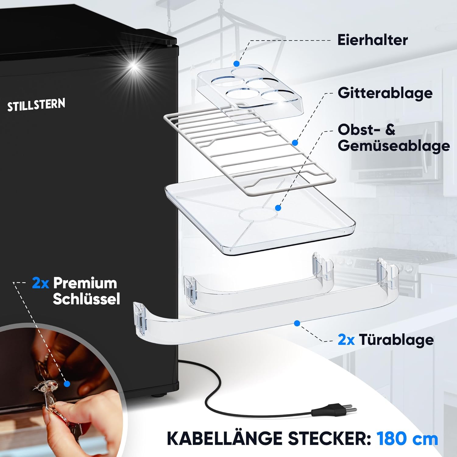 Stillstern Mini Kühlschrank E 45L mit Abtauautomatik, Schloss, Frostfach, Leise, Ideal für Küche, Büro, Schlafzimmer, Hotels und kleine Wohnungen Kühlschrank klein Minibar Getränkekühlschrank