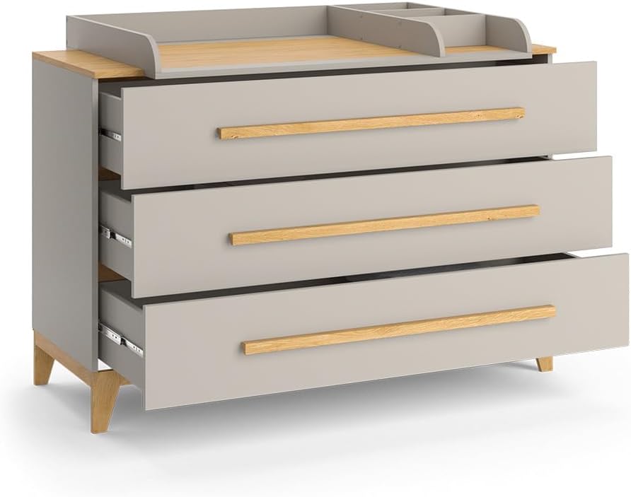 VitaliSpa Wickelkommode Malia, Weiß/Eiche, 133 x 98 cm XL mit 3 Schubladen