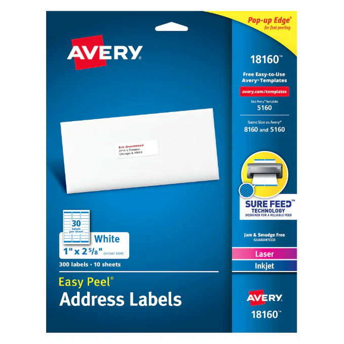 Avery Easy Peel Address Labels, Sure Feed Technology, White, 1