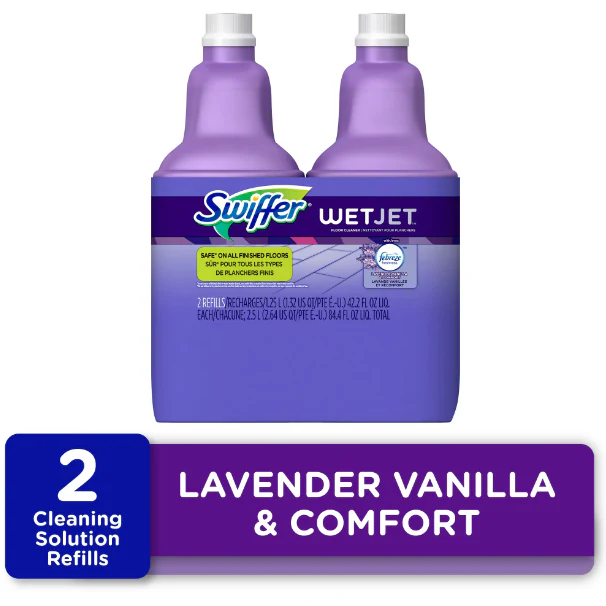 Swiffer WetJet Spray Mop Multi-Purpose and Hardwood Liquid Floor Cleaner Solution Refill, Lavender Vanilla & Comfort, 1.25 Liter (2 Pack)