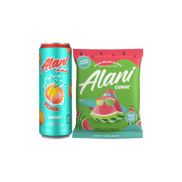 Alani Nu Juicy Peach Energy Drink & Sour Melon Gummi Snacks | Refreshing & Delicious Combo
