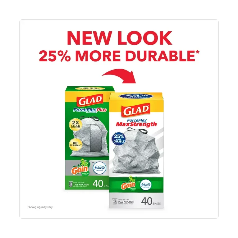 Glad ForceFlex MaxStrength Tall Kitchen Drawstring Trash Bags, 13 Gallon, Gain Original with Febreze Freshness, 40 Count