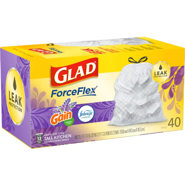 Glad ForceFlex Tall Kitchen Trash Bags, 13 Gallon, Gain Lavender with Febreze, 40 Count
