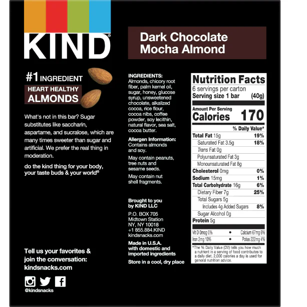 KIND Nut Bars, Dark Chocolate Mocha Almond, 1.4 oz, 6 Ct
