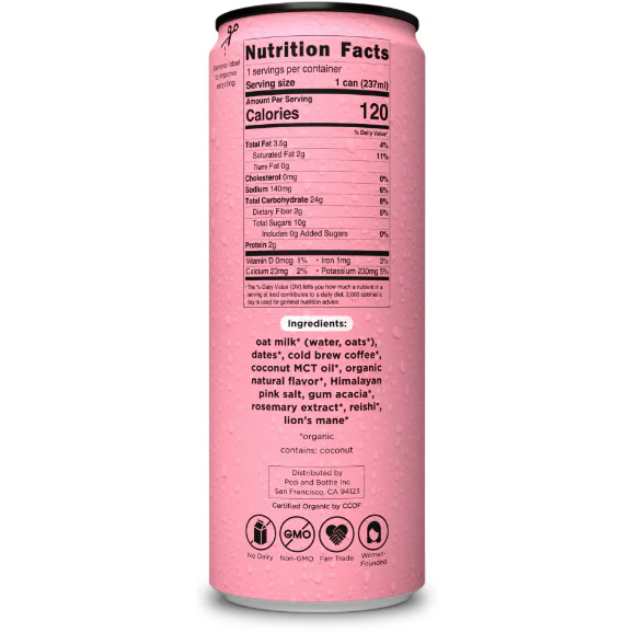 Pop & Bottle Caramel Oat Milk Latte with Lions Mane and Reishi, Organic, 8 Fl oz