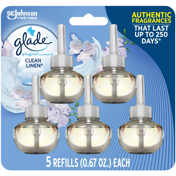 Glade PlugIns Refill 5 CT, Clean Linen, 3.35 FL. OZ. Total, Scented Oil Air Freshener Infused with Essential Oils