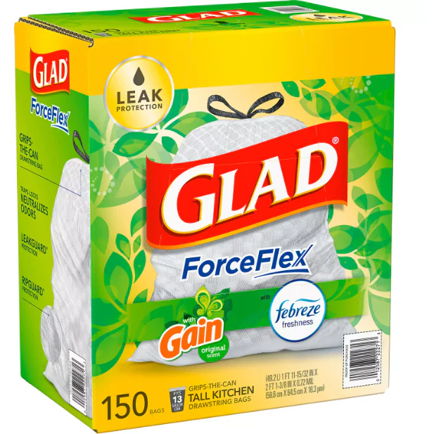 Glad ForceFlex Tall Kitchen Drawstring White Trash Bags, Gain Original Scent with Febreze Freshness (13 gal., 150 ct.)