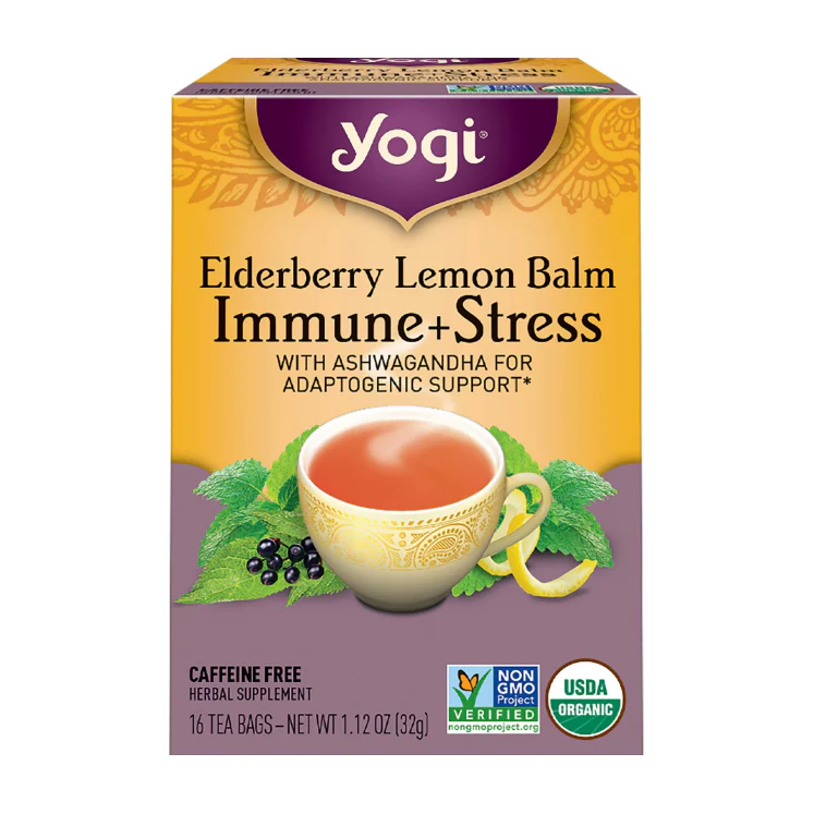 Yogi Tea Elderberry Lemon Balm Immune Plus Stress, Organic Tea Bags, 4 Boxes of 16