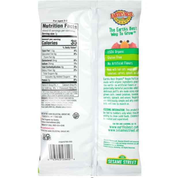 Earth's Best Organic Sesame Street Original Veggie Puffs, 1.55 oz