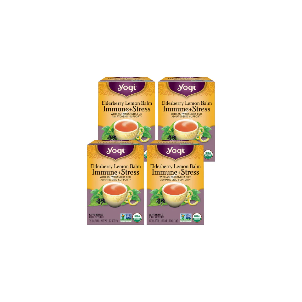 Yogi Tea Elderberry Lemon Balm Immune Plus Stress, Organic Tea Bags, 4 Boxes of 16