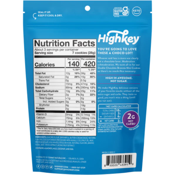 HighKey No Sugar Added, Keto Friendly, Grain & Gluten Free Double Chocolate Brownie Mini Cookies, 2g Net Carbs, 3oz