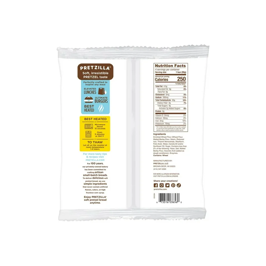 Pretzilla Soft Pretzel Burger Buns, Vegan, Non-GMO, 12.8 oz, 4 Count