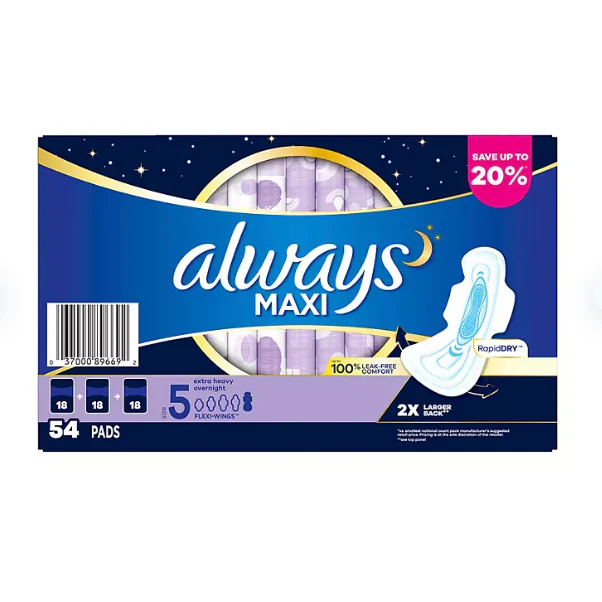Always Maxi Extra Heavy Overnight Pads, Unscented - Size 5 54 ct.