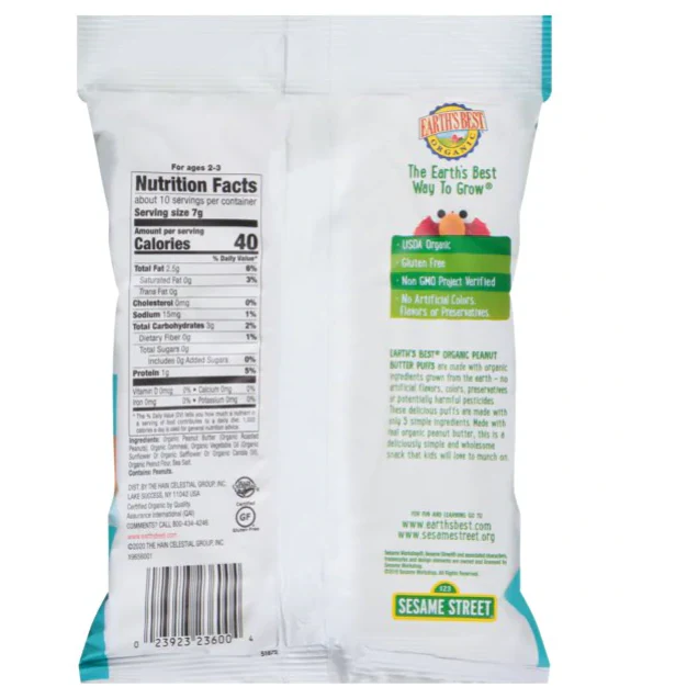 Earth's Best Organic Sesame Street Peanut Butter Baked Corn Puffs, 2.5 oz.