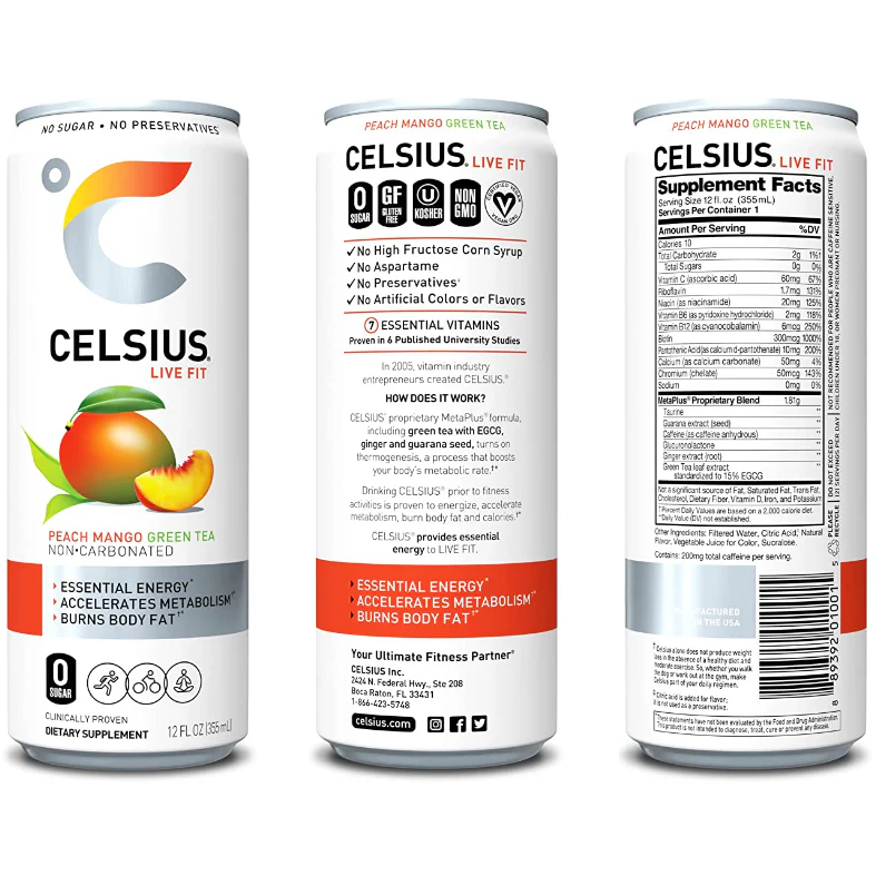 CELSIUS Essential Energy Drink 12 Fl Oz, Peach Mango Green Tea (Pack of 12)