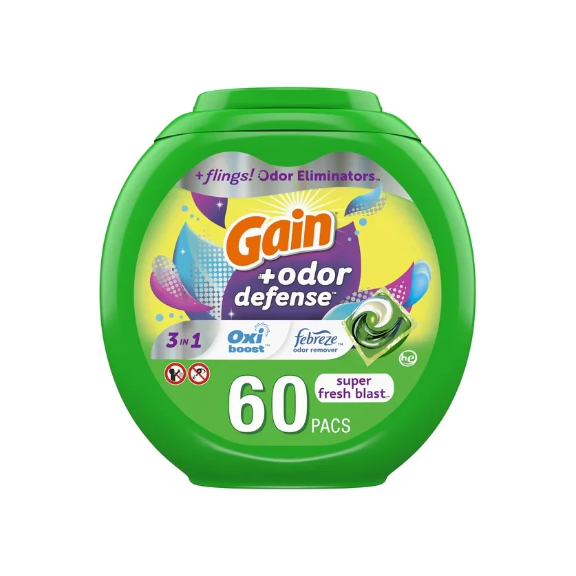 Gain Flings HE Compatible Super Fresh 3-in-1 with Febreze and Oxi Odor Defense Liquid Laundry Detergent Pacs