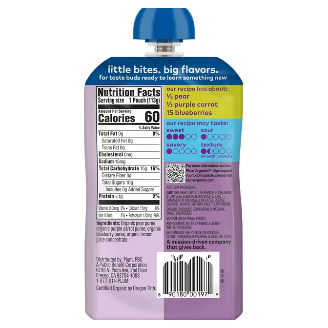 Plum Organics Stage 2 Organic Baby Food Pouch: Pear, Purple Carrot, Blueberry - 4 oz