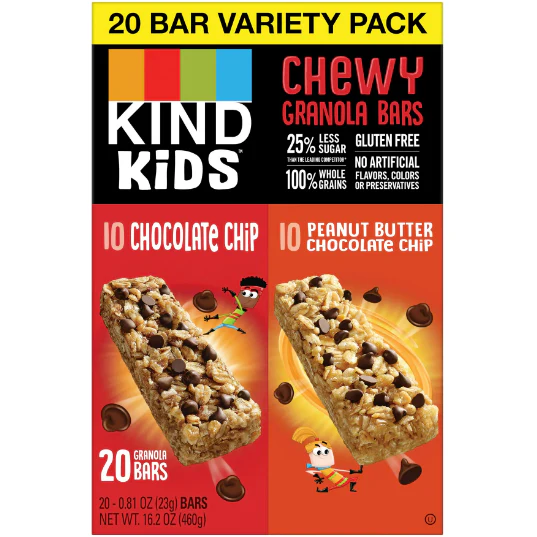 KIND Bar, Chocolate Chip/Peanut Butter Chocolate Chip Kids Variety Pack, Gluten free, .81 oz, 20 Snack Bars