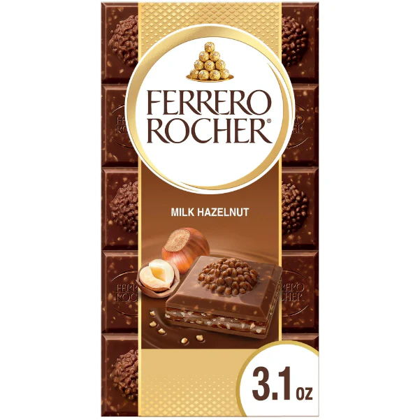 Ferrero Rocher Premium Chocolate Bar, Milk Chocolate Hazelnut, Holiday Chocolate, Great for Holiday Gift Baskets, 3.1 oz