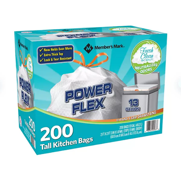 Member's Mark Power Flex Tall Kitchen Drawstring Trash Bags, Fresh Scent (13 gal., 200 ct.)