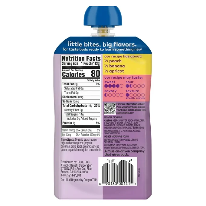 Plum Organics Stage 2 Organic Baby Food, Peach, Banana, and Apricot, 4 oz Pouch