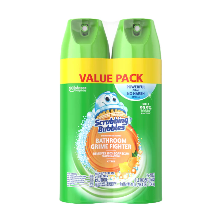Scrubbing Bubbles Bathroom Grime Fighter Aerosol, Disinfectant Spray; Effective Tile, Bathtub, Shower and Overall Bathroom Cleaner (1 Aerosol Spray), Citrus, 20 Oz (Pack of 2)