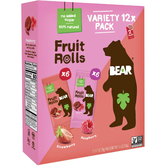 BEAR Fruit Rolls Variety Pack Straw/Rasp 8.4oz, 12 count