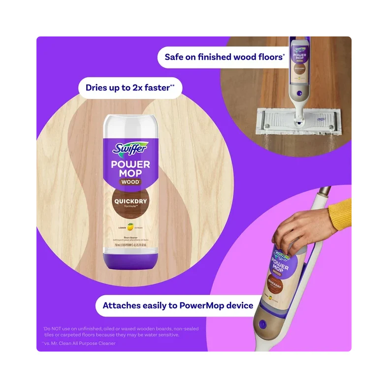 Swiffer PowerMop Wood Quick Dry Liquid Floor Cleaner Solution, Lemon, 25.4 oz, 2 Pack