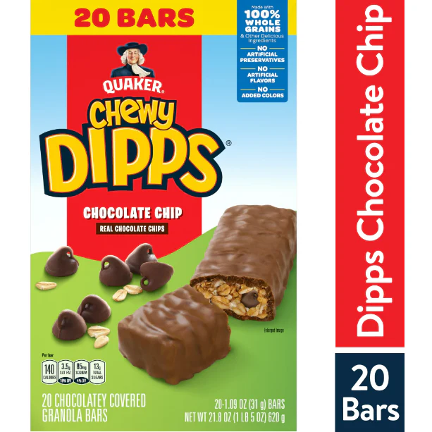 Quaker Chewy Dipps Granola Bars, Chocolate Chip, 20 Pack