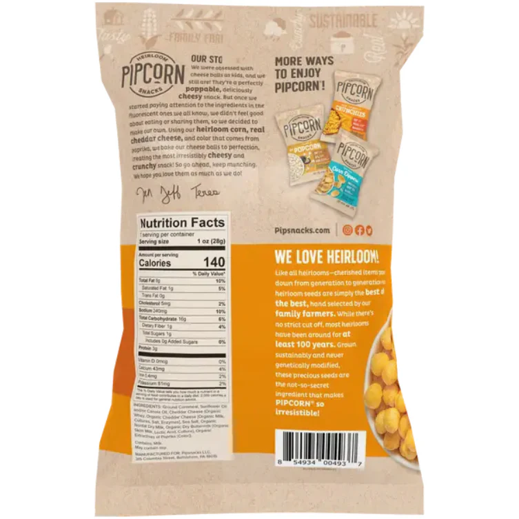 Pipcorn Snacks Cheddar Cheese Balls, 1oz