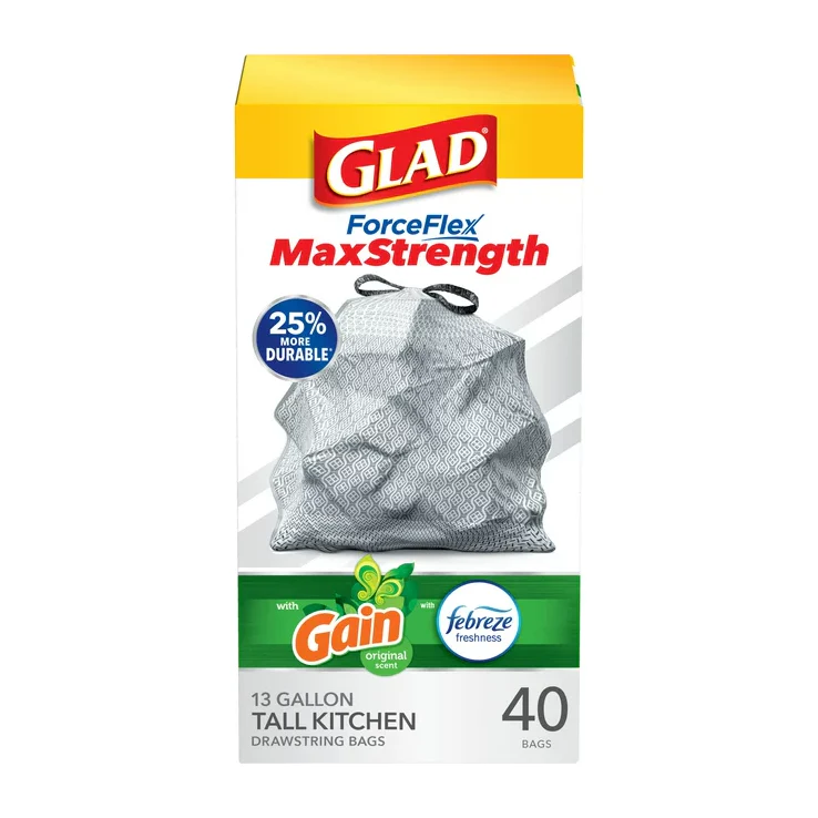 Glad ForceFlex MaxStrength Tall Kitchen Drawstring Trash Bags, 13 Gallon, Gain Original with Febreze Freshness, 40 Count