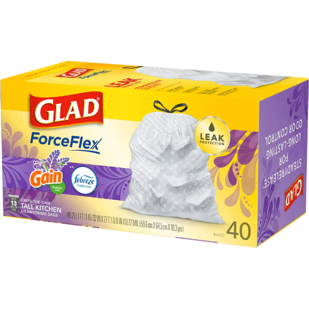 Glad ForceFlex Tall Kitchen Trash Bags, 13 Gallon, Gain Lavender with Febreze, 40 Count