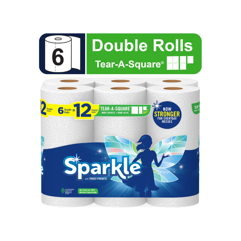 Sparkle Tear-a-Square Paper Towels, White, 6 Double Rolls