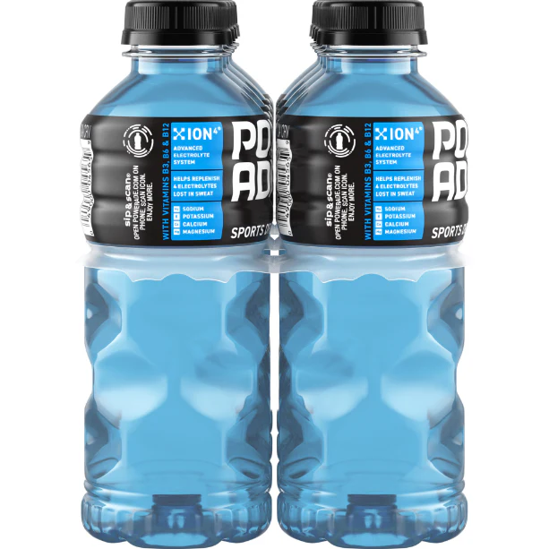 POWERADE Mountain Berry Blast, ION4 Electrolyte Enhanced Fruit Flavored Sports Drink w/ Vitamins B3, B6, and B12, Replenish Sodium, Calcium, Potassium, Magnesium, 20 fl oz, 8 Pack