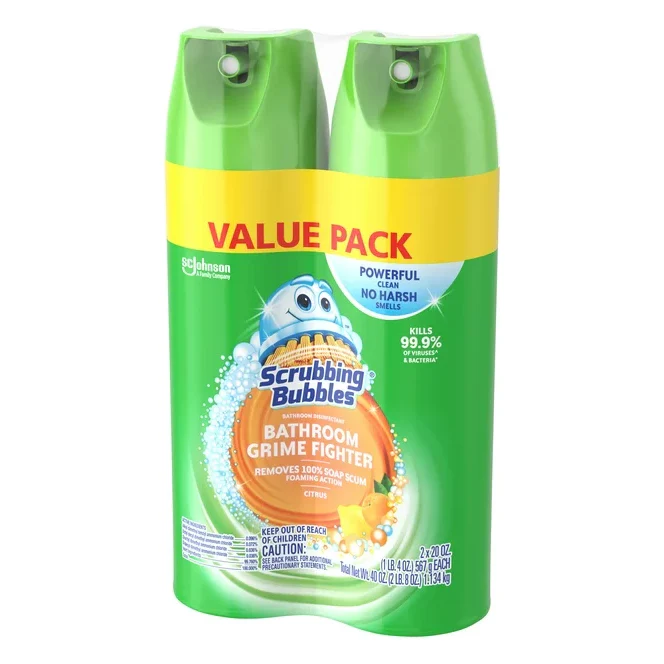 Scrubbing Bubbles Bathroom Grime Fighter Aerosol, Disinfectant Spray; Effective Tile, Bathtub, Shower and Overall Bathroom Cleaner (1 Aerosol Spray), Citrus, 20 Oz (Pack of 2)