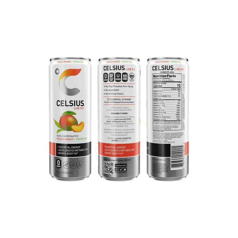 CELSIUS Essential Energy Drink 12 Fl Oz, Peach Mango Green Tea